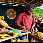 **Prompt:** A vibrant Trinidadian market scene. In the foreground, a skilled artisan is meticulously carving a brightly colored Caribbean bird out of wood. Display an array of finished wood carvings showcasing local flora and fauna like sea turtles and tropical flowers. Capture the artisan's focused expression and the intricate details of the carvings. Sunlight should be dappled.