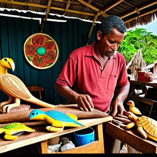 **Prompt:** A vibrant Trinidadian market scene. In the foreground, a skilled artisan is meticulously carving a brightly colored Caribbean bird out of wood. Display an array of finished wood carvings showcasing local flora and fauna like sea turtles and tropical flowers. Capture the artisan's focused expression and the intricate details of the carvings. Sunlight should be dappled.