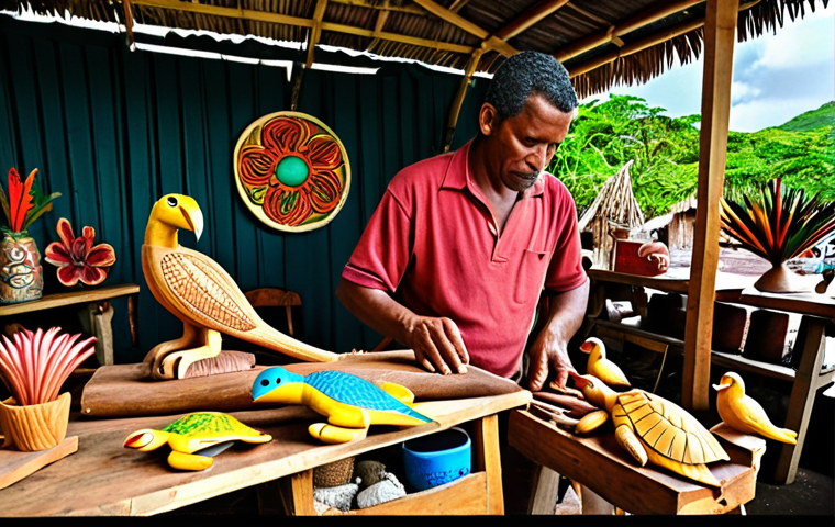 **Prompt:** A vibrant Trinidadian market scene. In the foreground, a skilled artisan is meticulously carving a brightly colored Caribbean bird out of wood. Display an array of finished wood carvings showcasing local flora and fauna like sea turtles and tropical flowers. Capture the artisan's focused expression and the intricate details of the carvings. Sunlight should be dappled.
